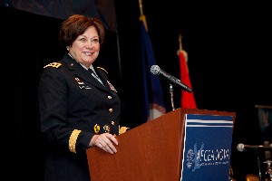 Lt. Gen. Susan Lawrence, USA, chief information officer/G-6, U.S. Army, addresses nearly 900 attendees at the chapter�s IT Day in December.